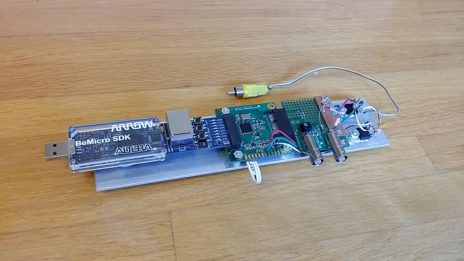 A Hermes-Lite 1.x board connected to an Arrow BeMicro SDK FPGA card