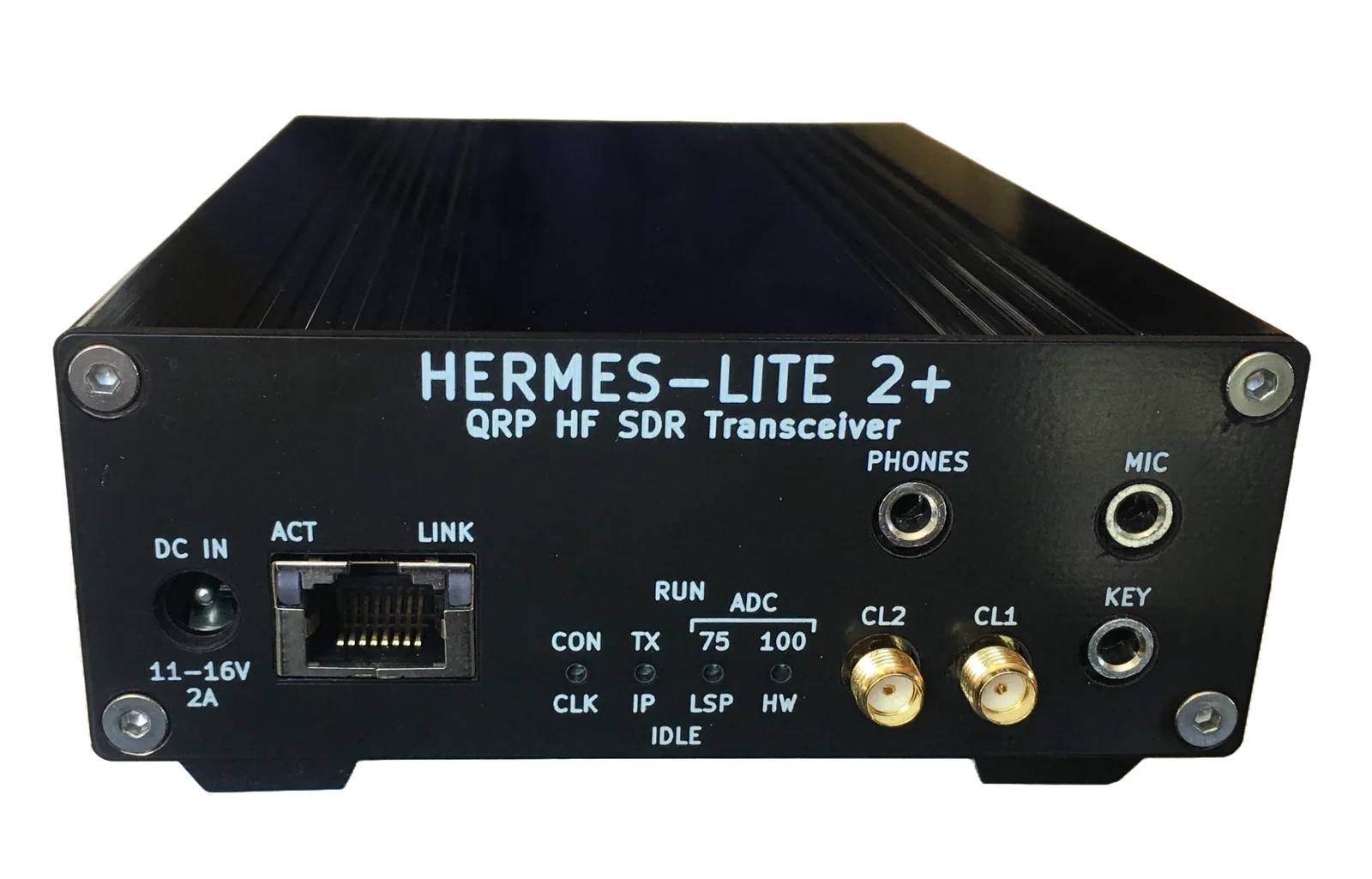 The front panel of a Hermes-Lite 2+ showing PHONES, MIC and KEY jacks